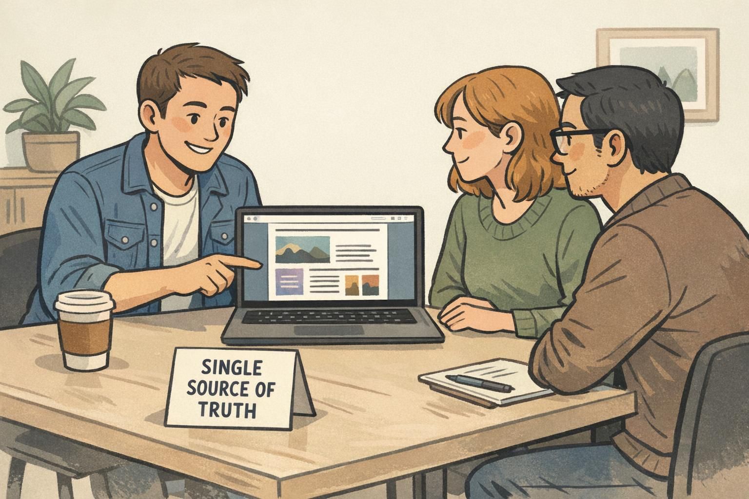 A designer shows two stakeholders one shared PDF proof on a laptop, demonstrating a single source of truth for approvals.