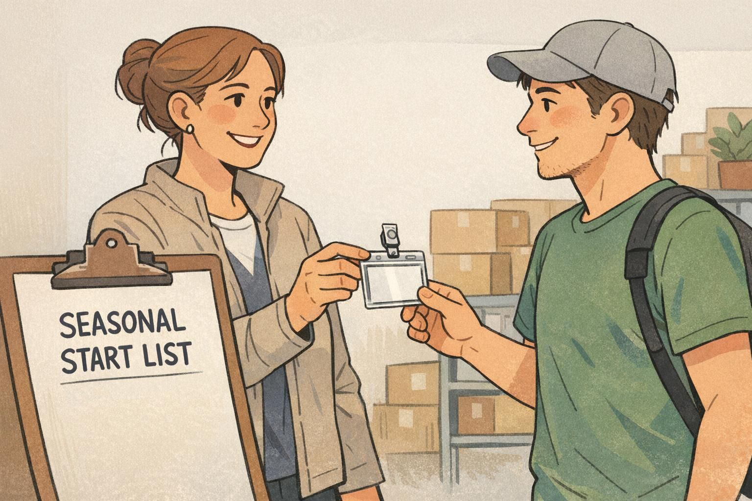 A supervisor hands a seasonal worker a single ID badge in a clear holder during onboarding to reduce last-minute reprints.