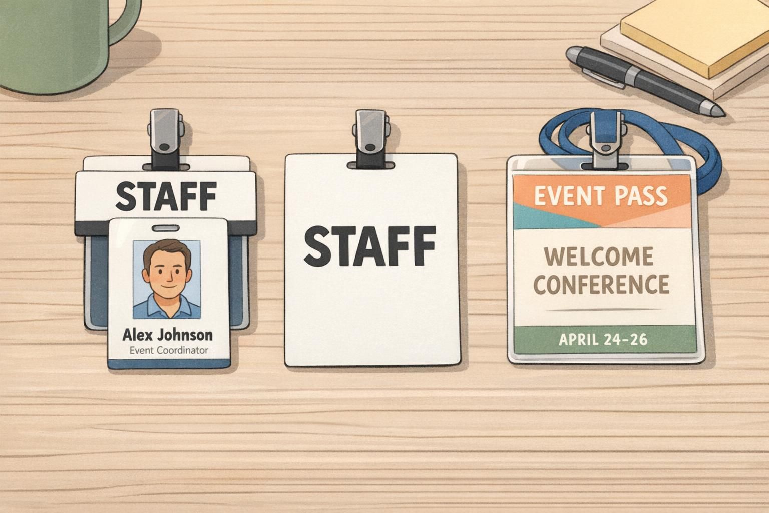 A desk display comparing an ID badge, badge buddy, and event badge to show different identification formats.