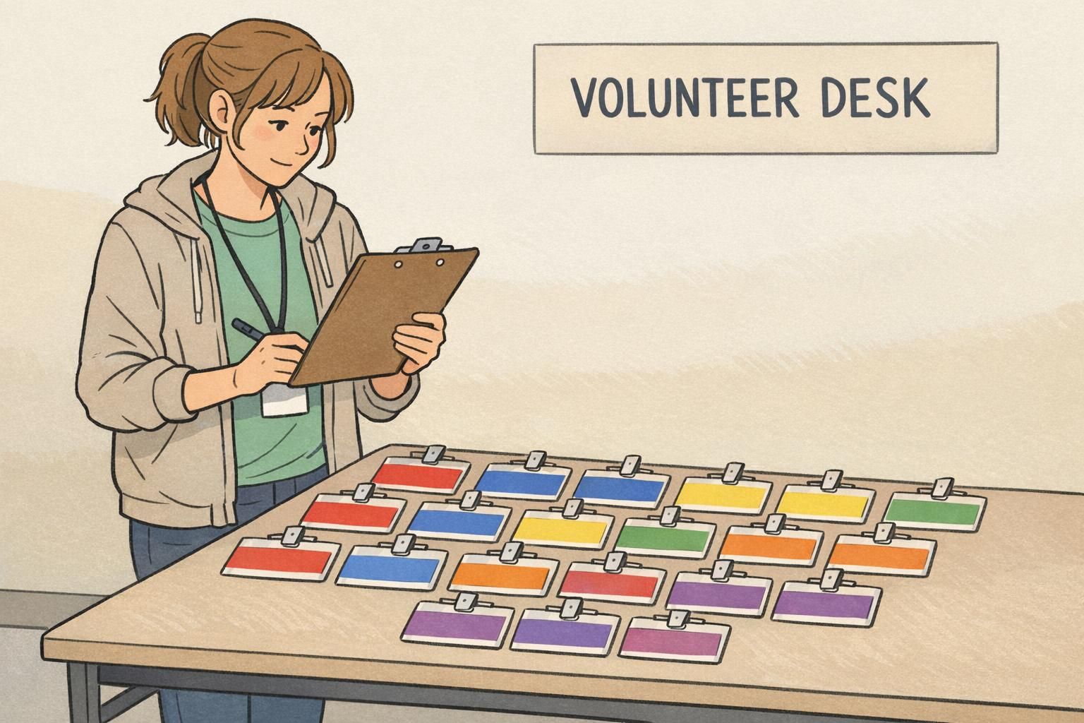 Volunteer coordinator at a community event reviewing color coded badges on a table, each with a large header stripe indicating role.