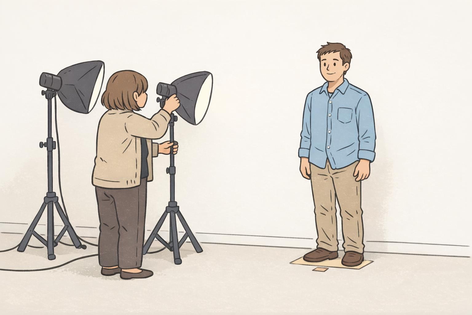 HR staff positioning two matching lamps to create even, shadow-free lighting for repeatable badge photo style.