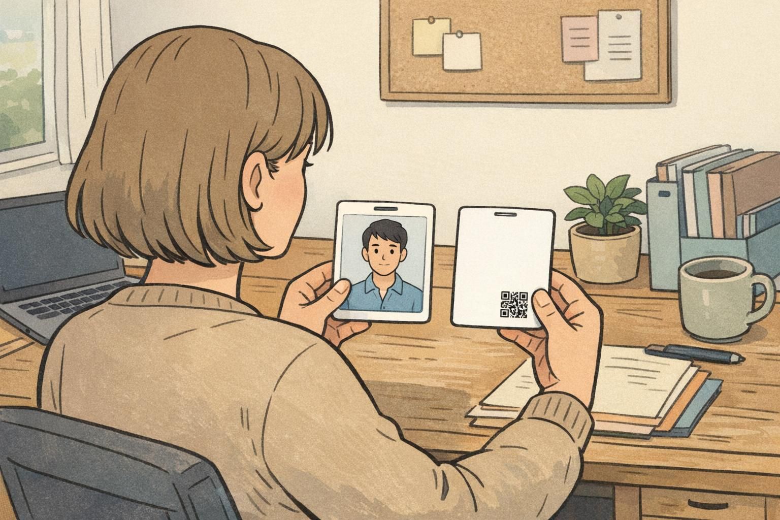 HR coordinator at a desk comparing two ID card mockups—one focused on front identification and the other showing a simplified back layout for a double-sided ID