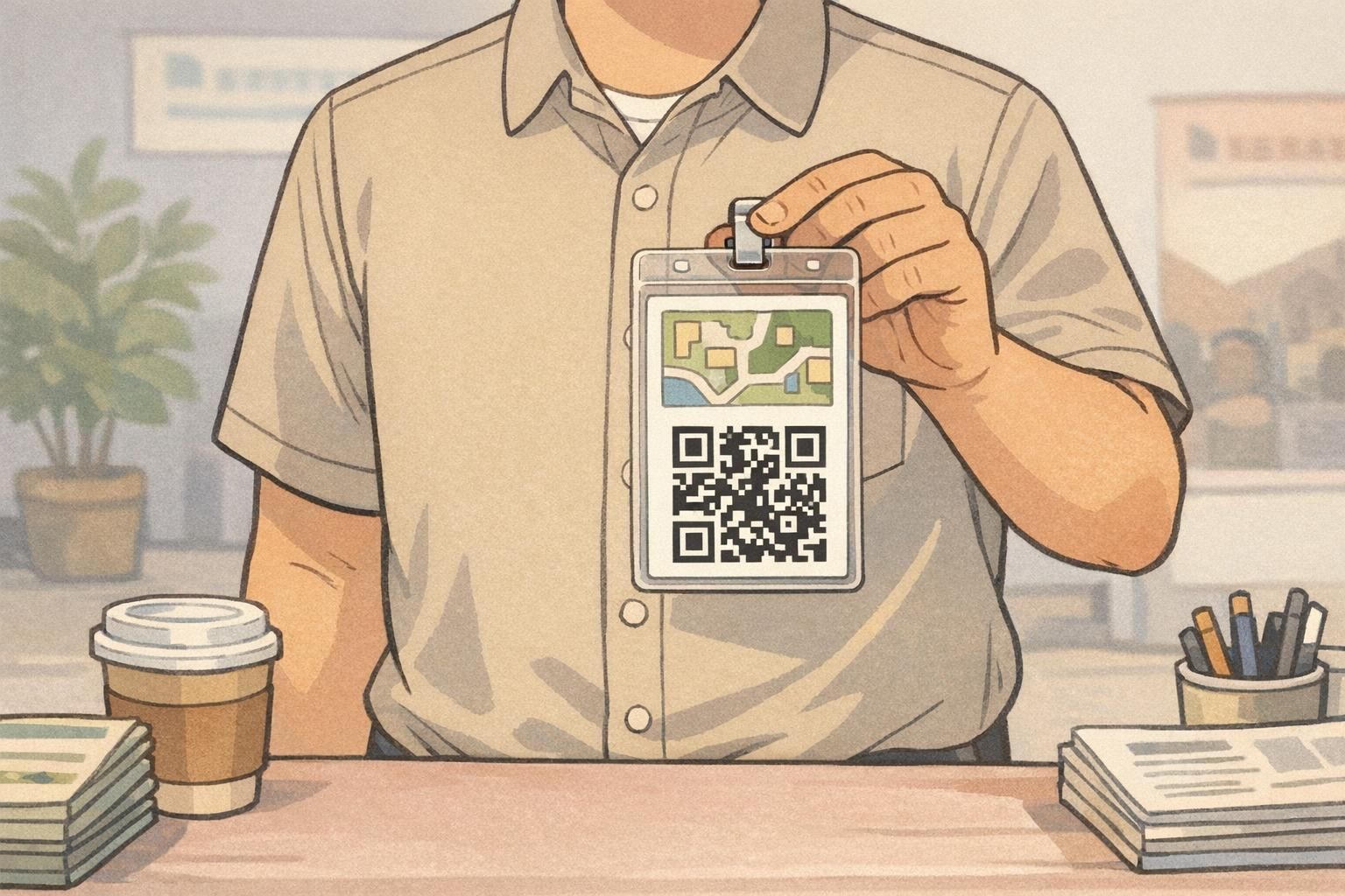 Event volunteer flipping a badge in a clear vertical holder to show a small micro-map graphic and a QR code block on the badge reverse