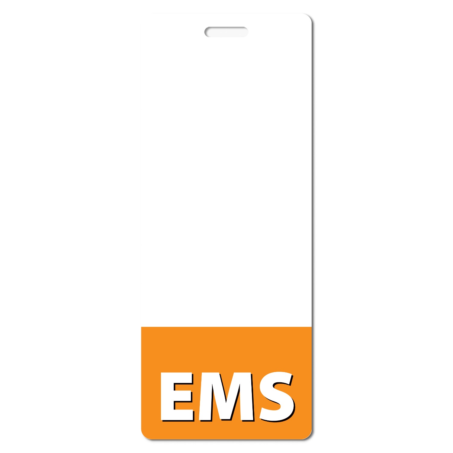 Narrow tall white EMS badge holder with orange bottom band, white EMS text and a top slot on plain background