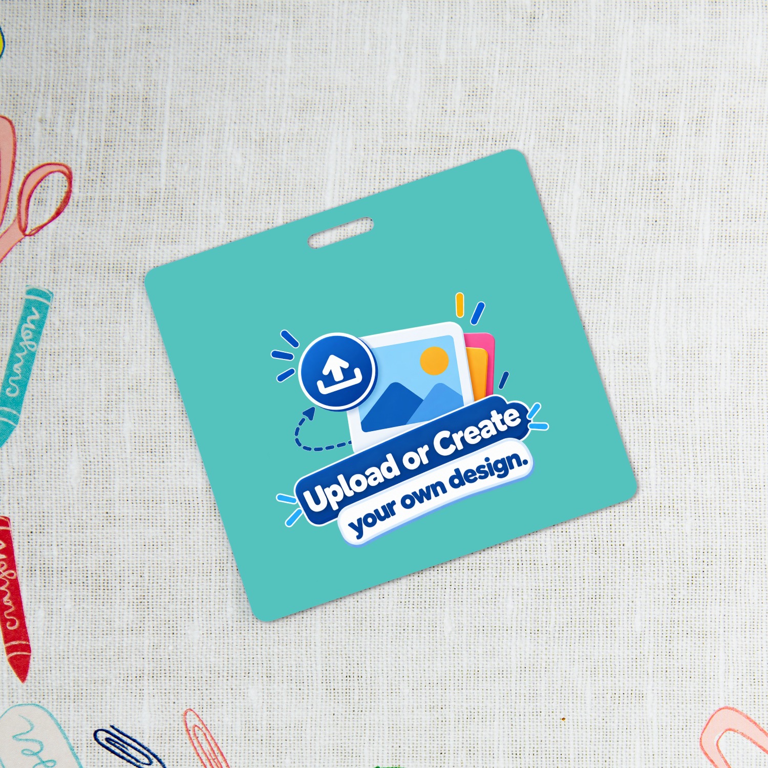Teal horizontal ID badge with Upload or Create your own design graphic on linen surrounded by kids craft doodles