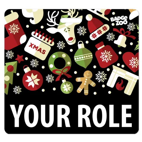Black Christmas badge buddy ID backer card with red, green and cream festive icons like stockings, reindeer, ornaments and