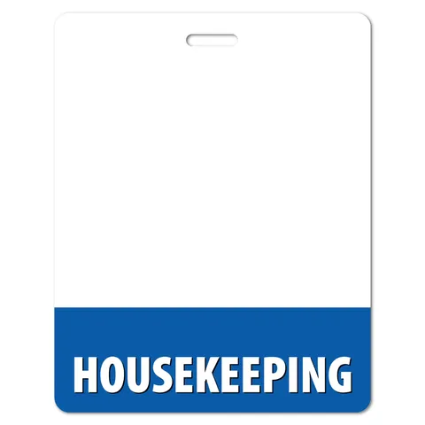 Blank white upright housekeeping badge buddy with blue bottom band reading HOUSEKEEPING, slot at top
