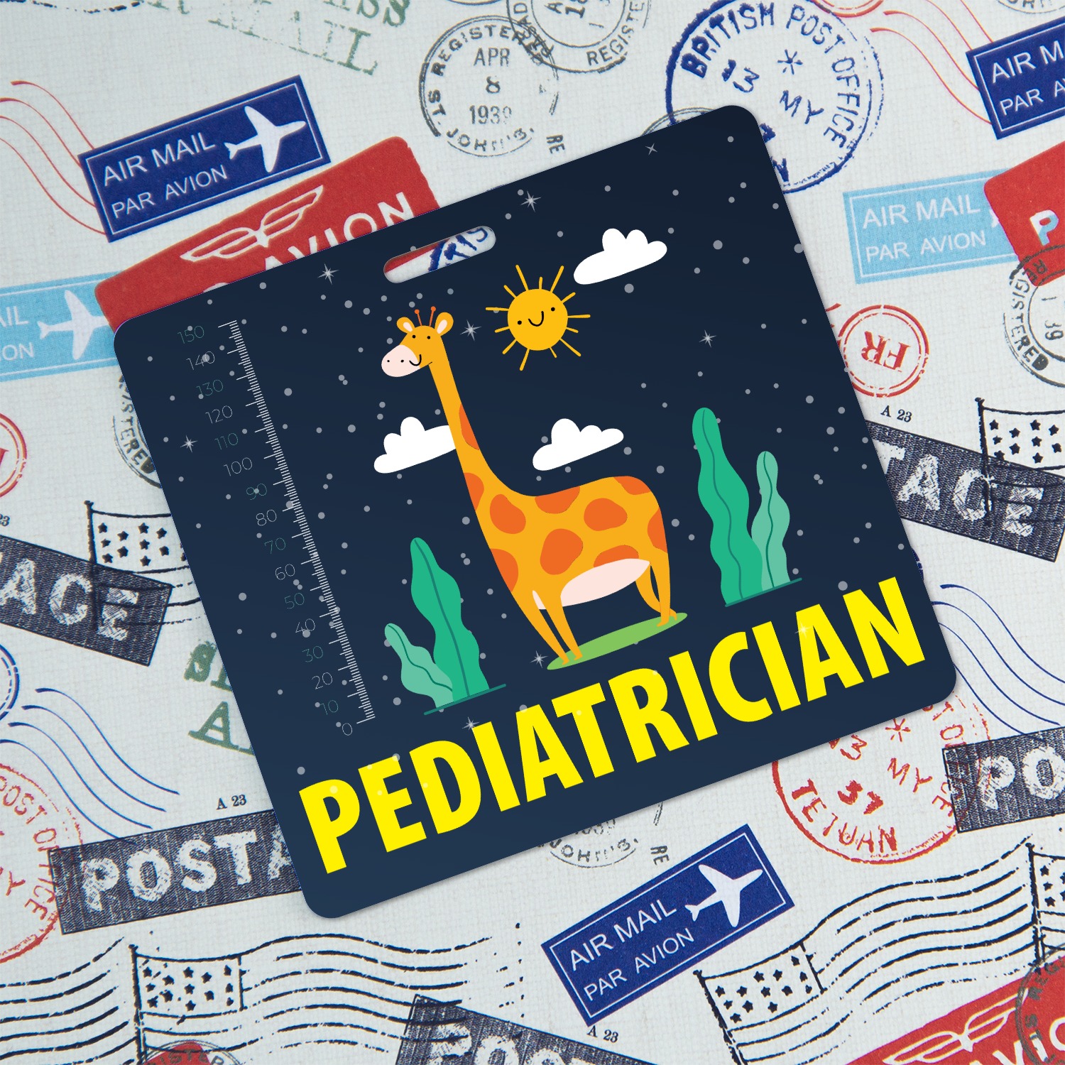 Pediatrician badge buddy with giraffe night sky design on airmail stamp fabric with postal stamps and passport motifs