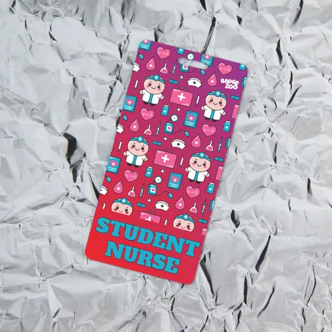 Vertical student nurse badge buddy on crumpled aluminum foil