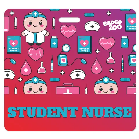 Student nurse badge buddy with cute medical icon pattern and teal STUDENT NURSE text