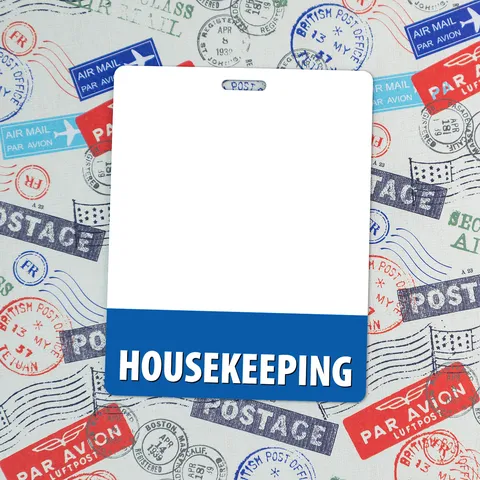 Upright housekeeping badge buddy with blue HOUSEKEEPING band on airmail postage patterned background