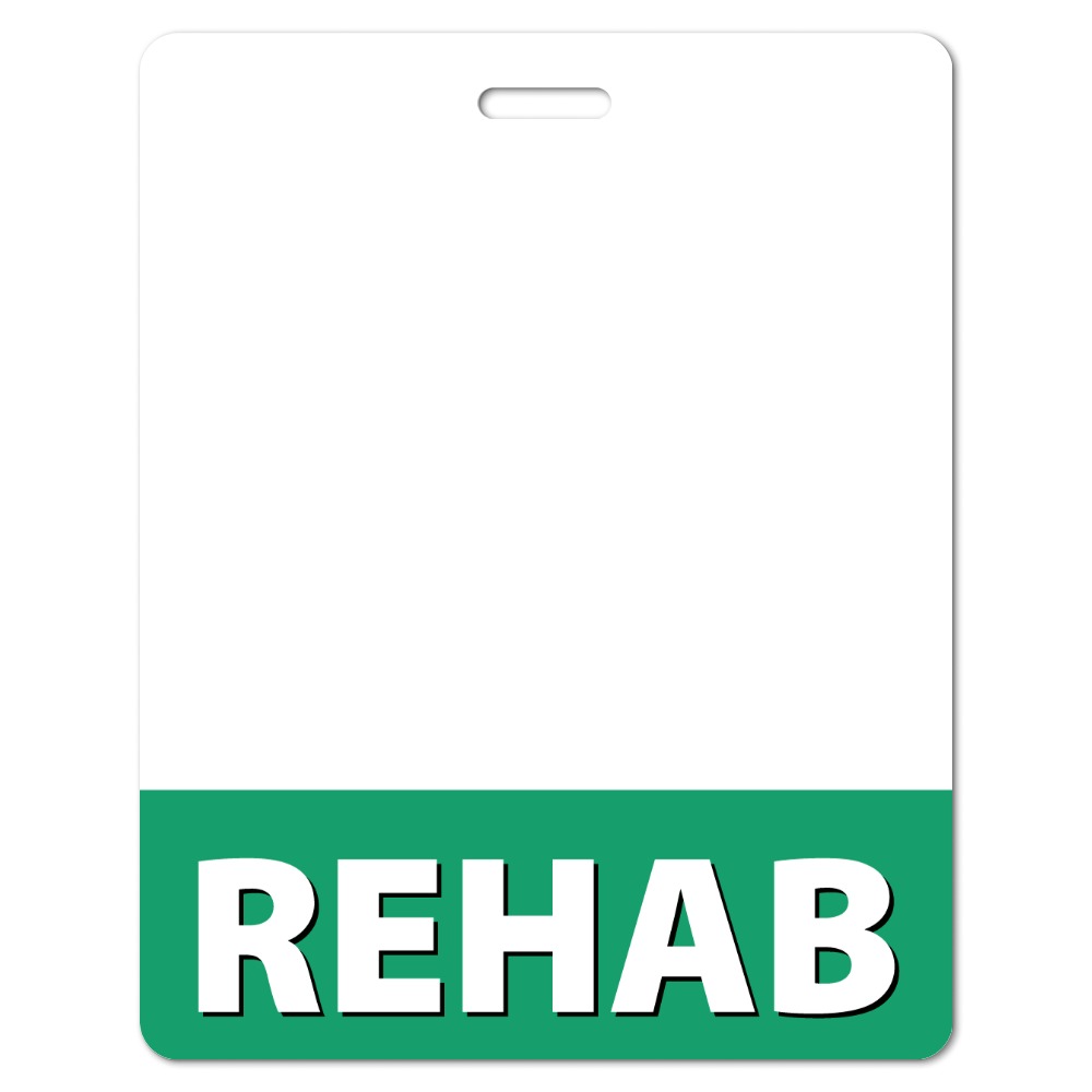 Vertical white REHAB badge buddy with green bottom band and bold REHAB text, plain white background