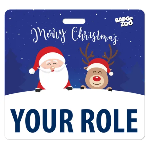 Christmas ID badge backer card with navy starry sky, Merry Christmas script, smiling Santa and reindeer peeking over white