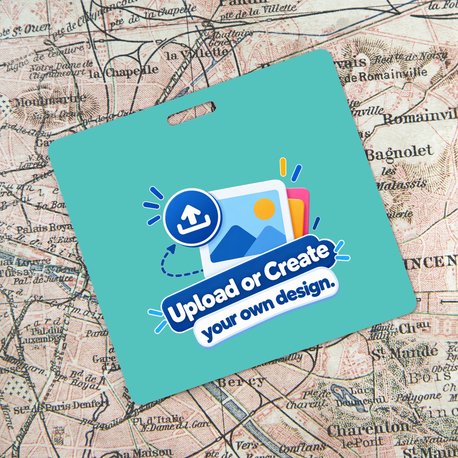 Teal horizontal ID badge with Upload or Create your own design graphic on a vintage Paris street map