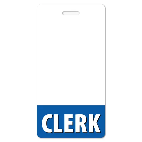 Vertical white CLERK badge buddy with top slot and blue bottom band with white lettering, on a plain white background