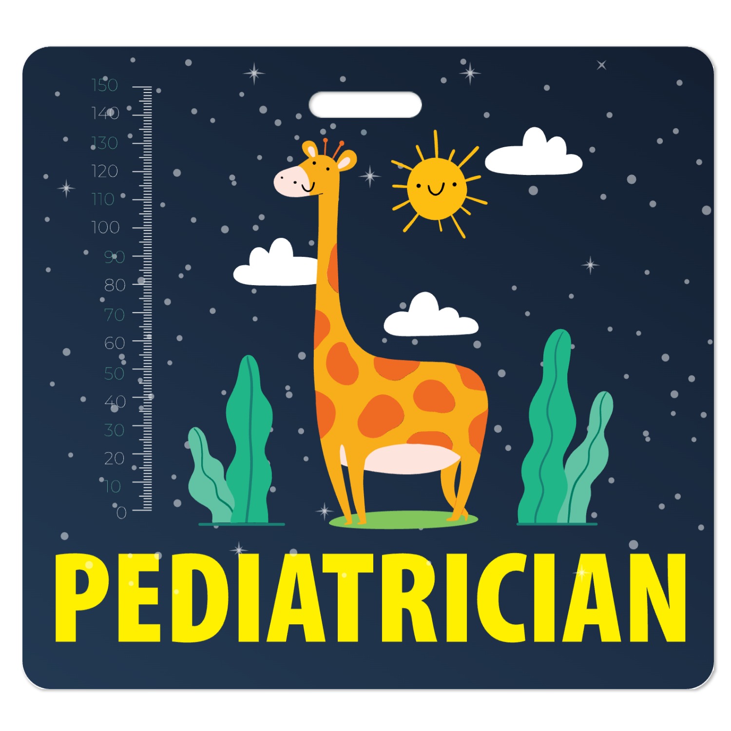Pediatrician badge buddy with smiling giraffe and height ruler on starry night sky