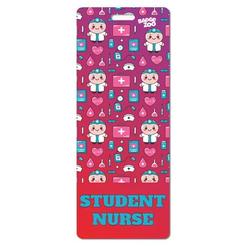 Tall narrow black badge buddy with a top slot and bold white YOUR ROLE text at the bottom, customizable.