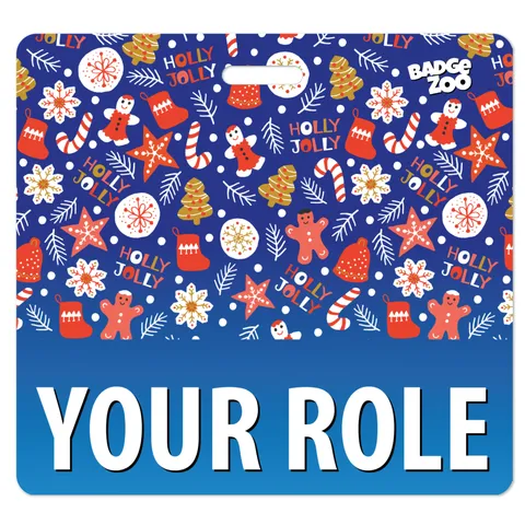 Holly Jolly Christmas badge buddy ID backer card with blue festive pattern of gingerbread men, stockings, candy canes and