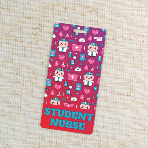 Student Nurse badge buddy with cartoon nurses, first aid kits and heart icons on beige linen fabric background