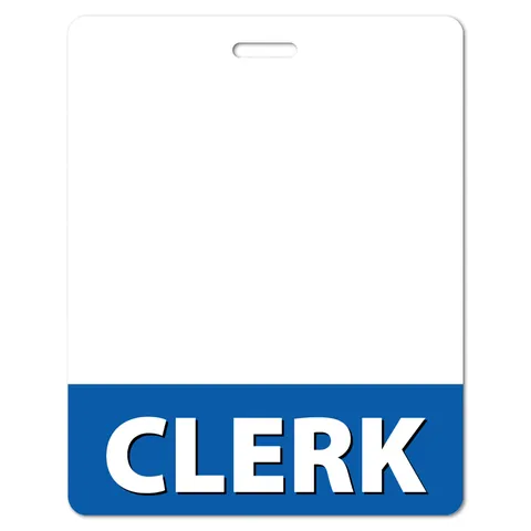 Upright rectangular white CLERK badge buddy with top slot and blue bottom band on a plain white background