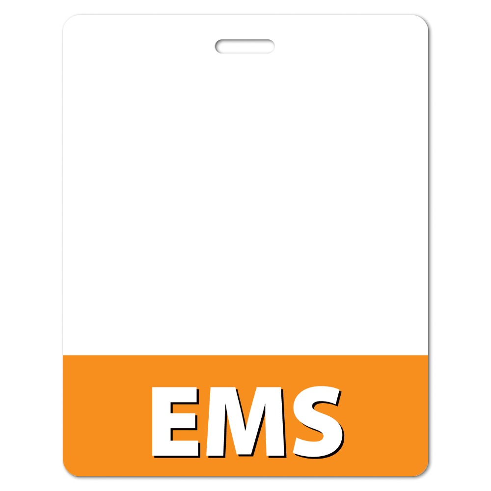 Portrait-oriented white EMS badge holder with orange bottom band, white EMS lettering and a top slot on plain background