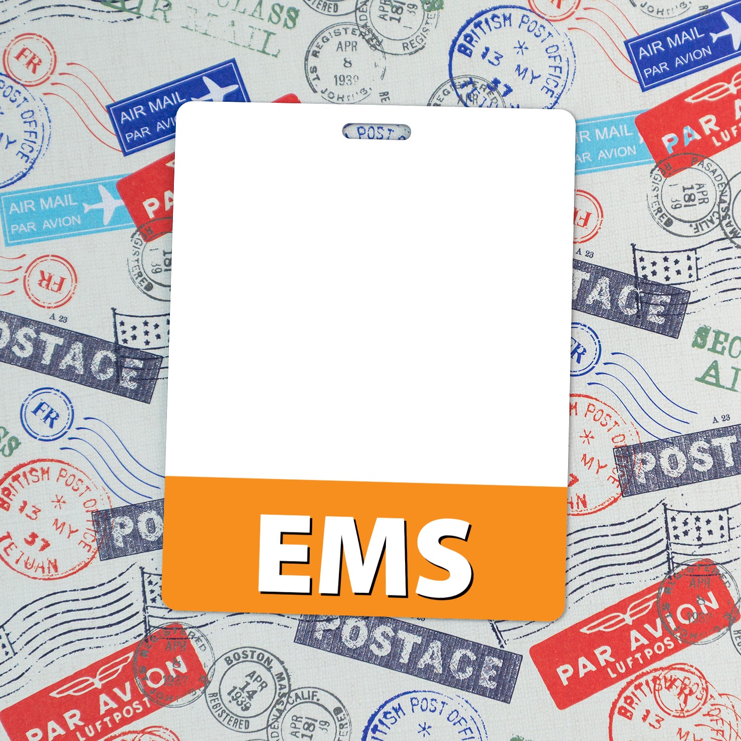 White EMS badge buddy with orange bottom band on airmail postage stamp patterned fabric background