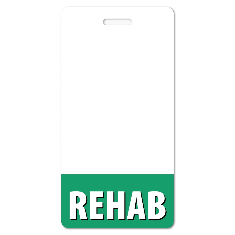 Vertical white REHAB badge buddy with top slot and green bottom band with bold white REHAB text