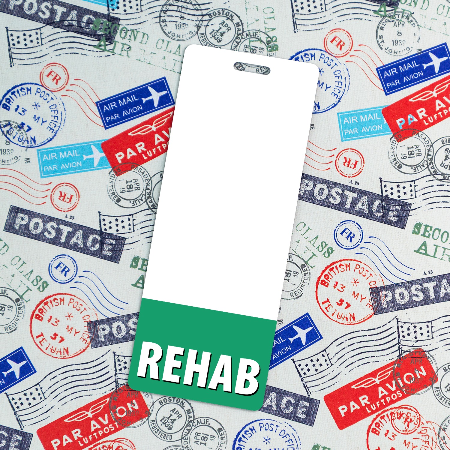 Slim vertical REHAB badge buddy with green band on vintage airmail postage print fabric
