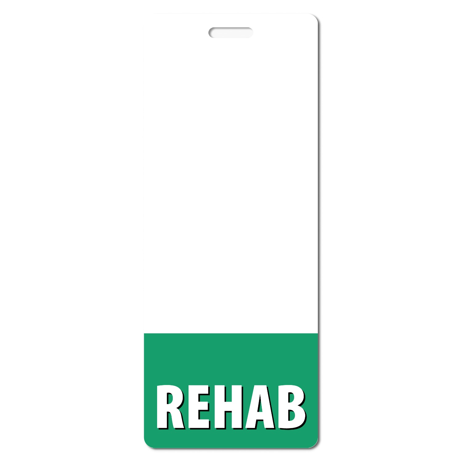 Tall narrow white REHAB badge buddy with top slot and green bottom band, plain studio background