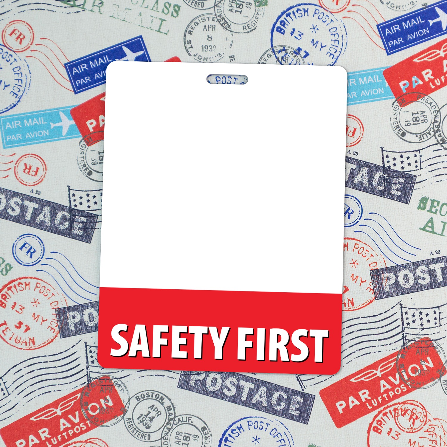Portrait SAFETY FIRST badge buddy over vintage airmail and postage stamp fabric in red, blue and grey