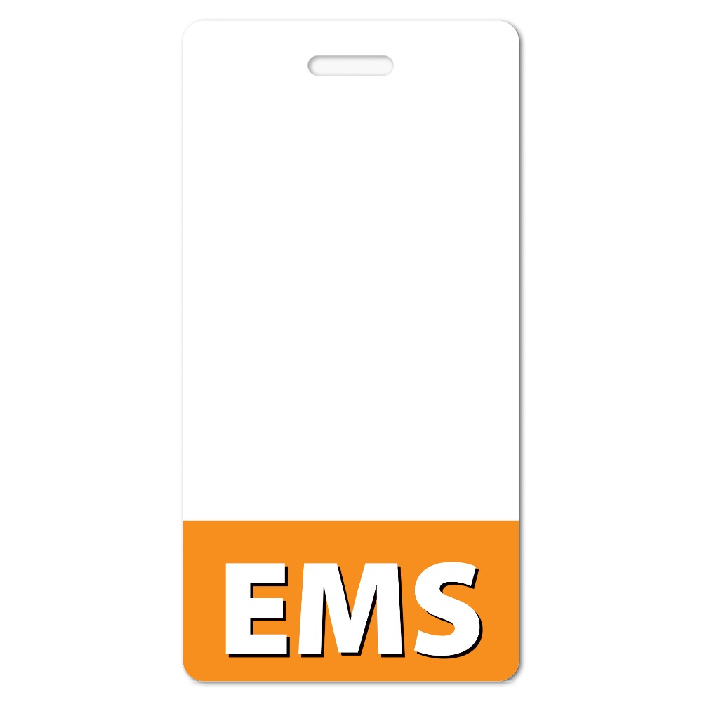 Vertical white EMS badge holder with orange bottom band, white EMS lettering and a top slot on a plain background