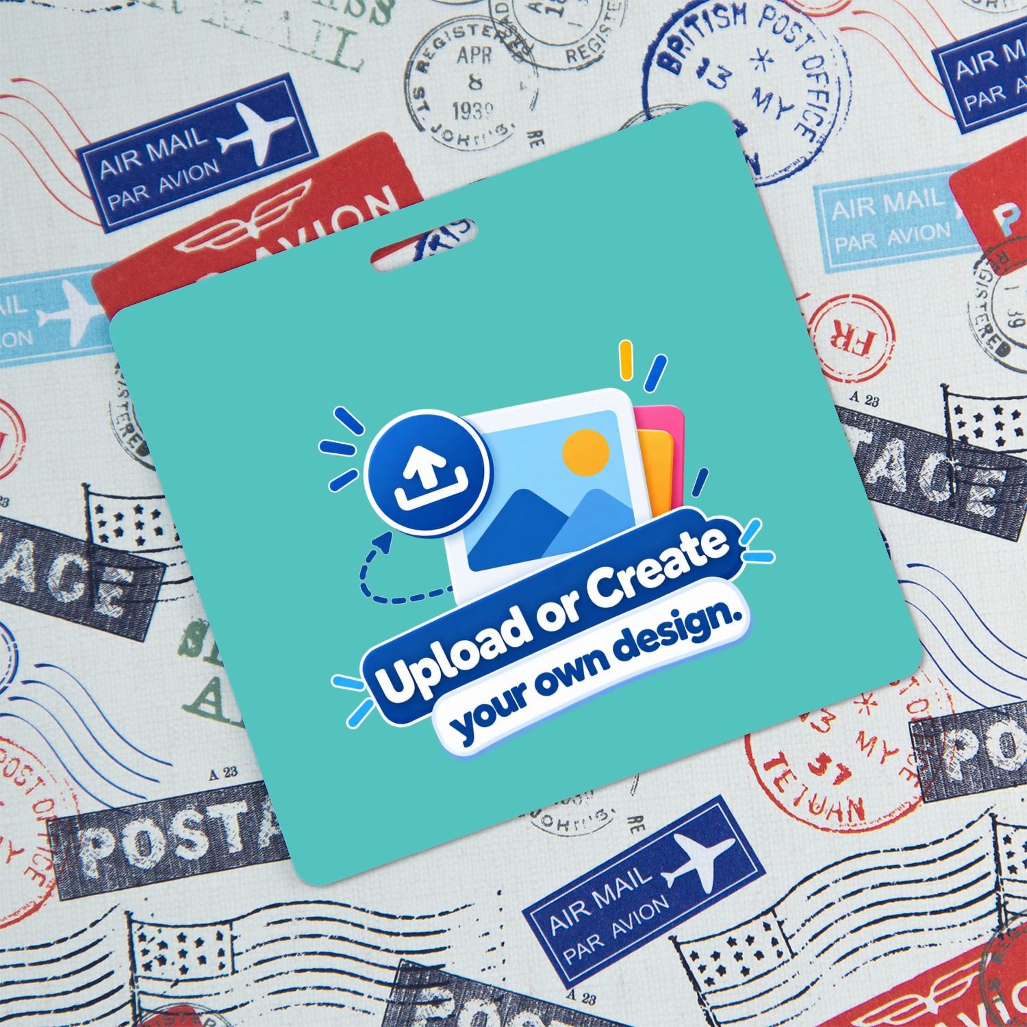 Teal horizontal ID badge with Upload or Create your own design graphic over vintage airmail and postage stamp fabric