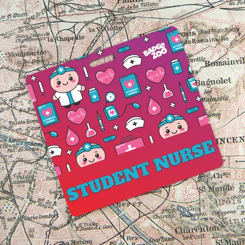 Student nurse badge buddy placed on a vintage street map