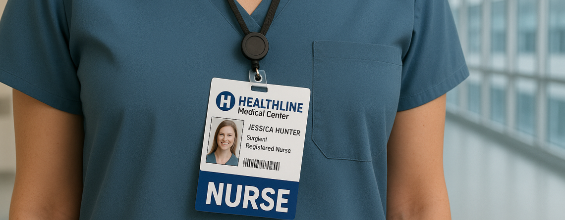 Hand holding a flexible Badge Buddy labeled "NURSE" in blue, demonstrating card durability