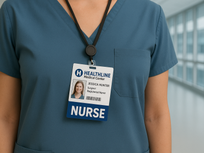 Hand holding a flexible Badge Buddy labeled "NURSE" in blue, demonstrating card durability