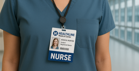 Hand holding a flexible Badge Buddy labeled "NURSE" in blue, demonstrating card durability