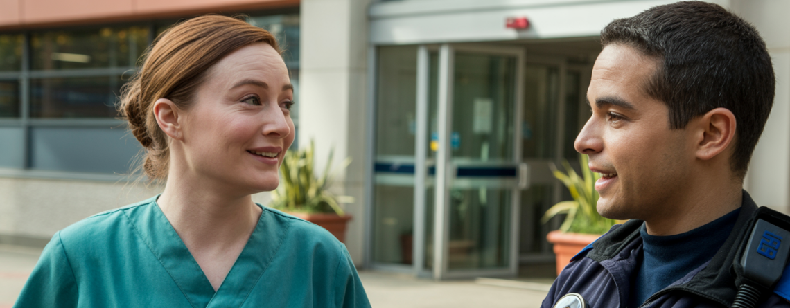 Nurse and paramedic smiling outside hospital entrance during a shift