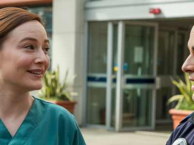 Nurse and paramedic smiling outside hospital entrance during a shift