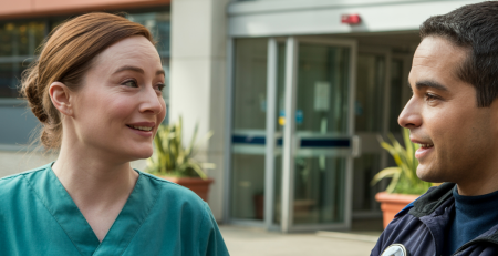 Nurse and paramedic smiling outside hospital entrance during a shift
