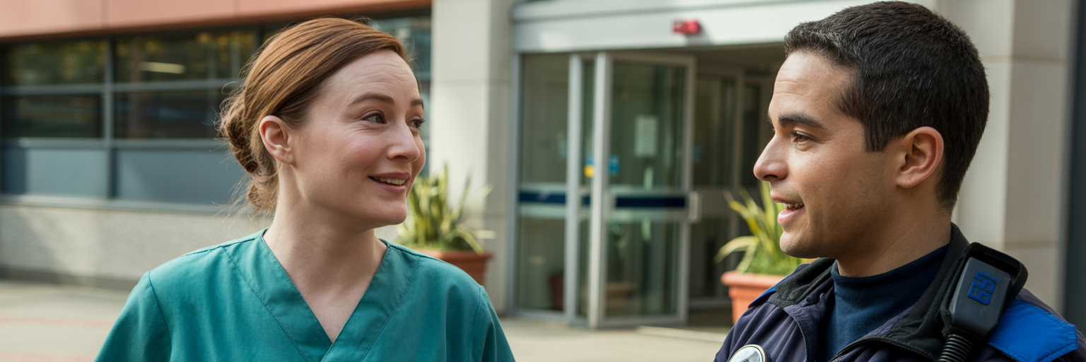 Nurse and paramedic smiling outside hospital entrance during a shift