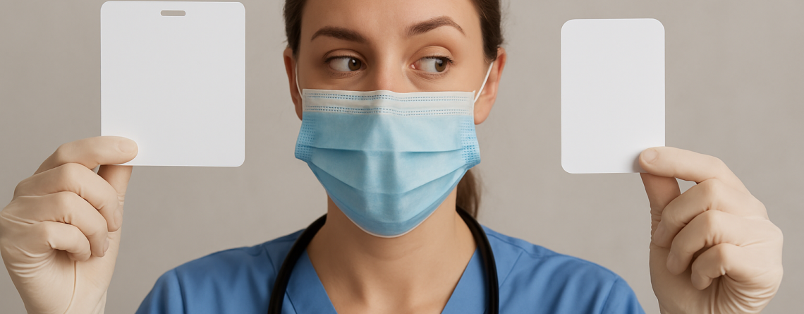 Nurse in blue scrubs holding two blank ID cards while comparing their sizes