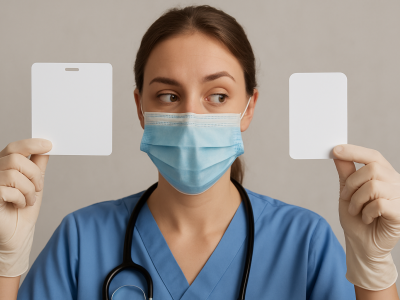 Nurse in blue scrubs holding two blank ID cards while comparing their sizes