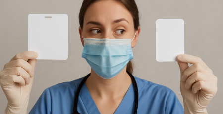 Nurse in blue scrubs holding two blank ID cards while comparing their sizes