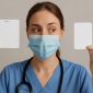 Nurse in blue scrubs holding two blank ID cards while comparing their sizes