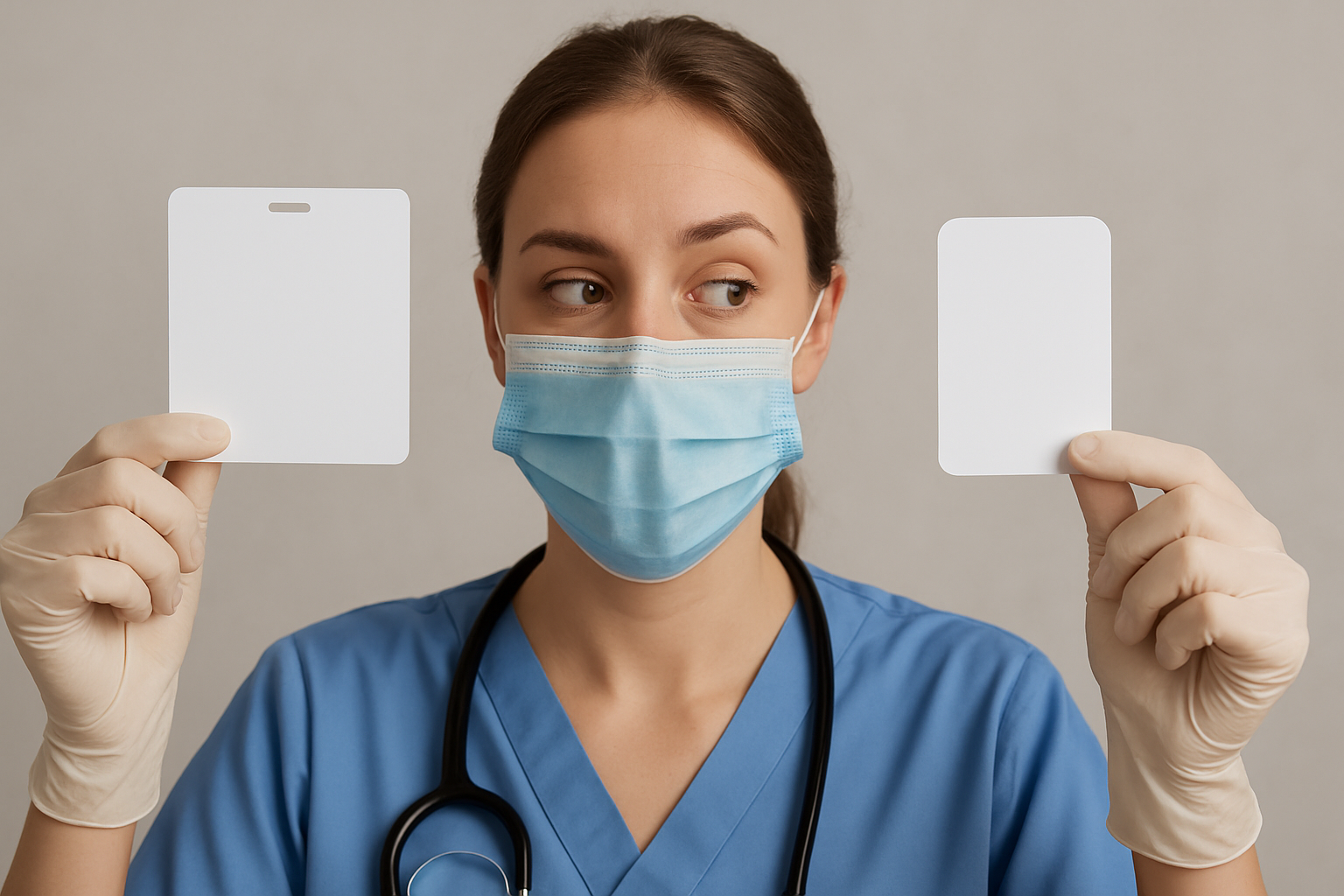 Nurse in blue scrubs holding two blank ID cards while comparing their sizes