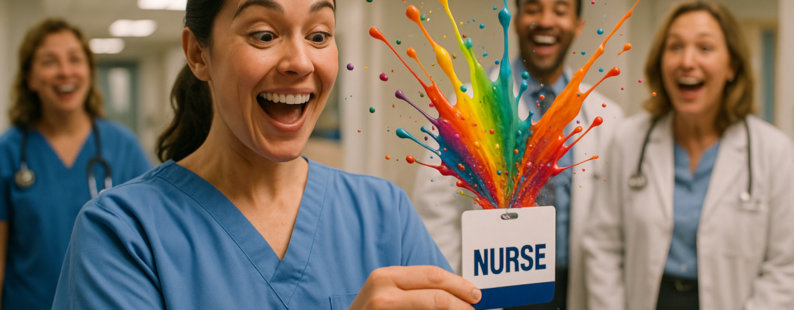 Excited nurse holding a Badge Buddy as a vibrant rainbow paint splash bursts from it, surrounded by joyful medical colleagues