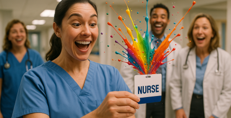 Excited nurse holding a Badge Buddy as a vibrant rainbow paint splash bursts from it, surrounded by joyful medical colleagues