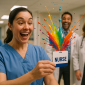 Excited nurse holding a Badge Buddy as a vibrant rainbow paint splash bursts from it, surrounded by joyful medical colleagues