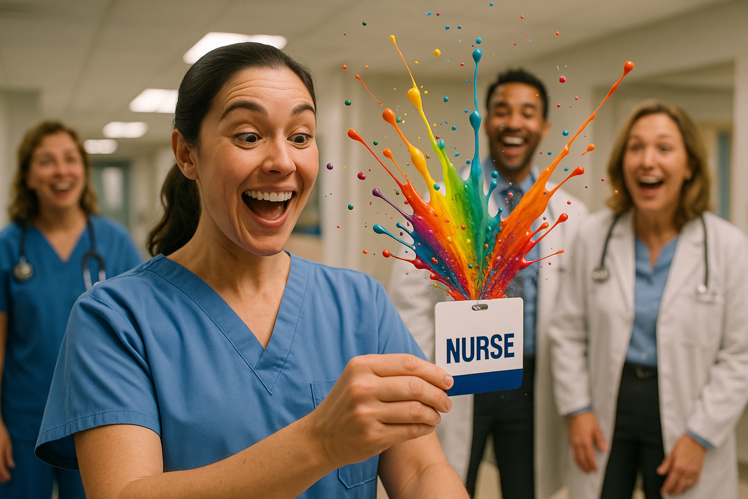 Excited nurse holding a Badge Buddy as a vibrant rainbow paint splash bursts from it, surrounded by joyful medical colleagues