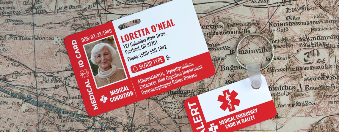 Medical ID card with photo, personal health information, and emergency keychain alert on vintage map background